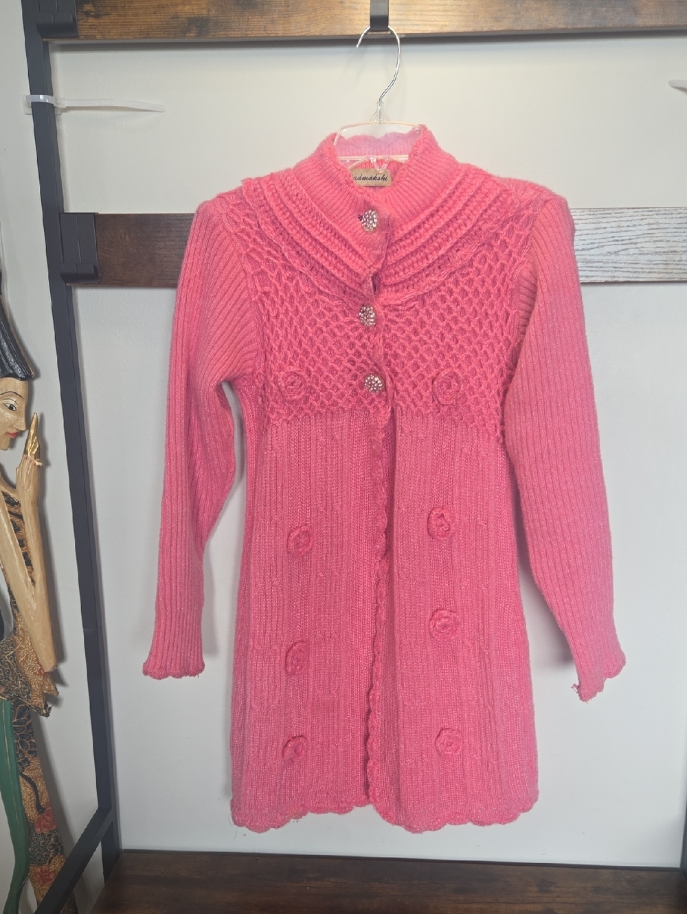 Girls' Pink Knit Long Cardigan with Decorative Buttons